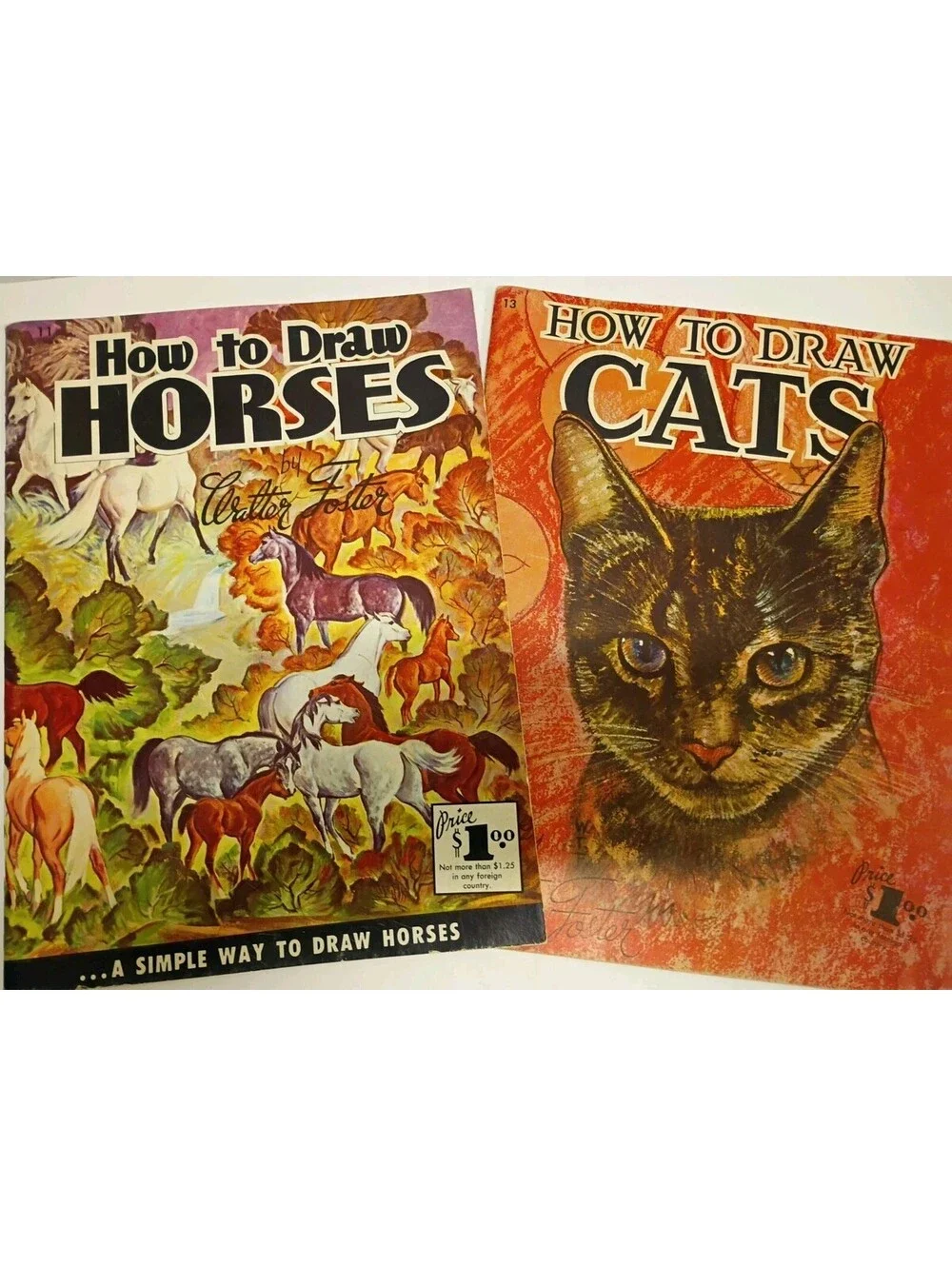 *2*  VINTAGE Large Books-How To Draw Horses & How To Draw Cats by WALTER FOSTER